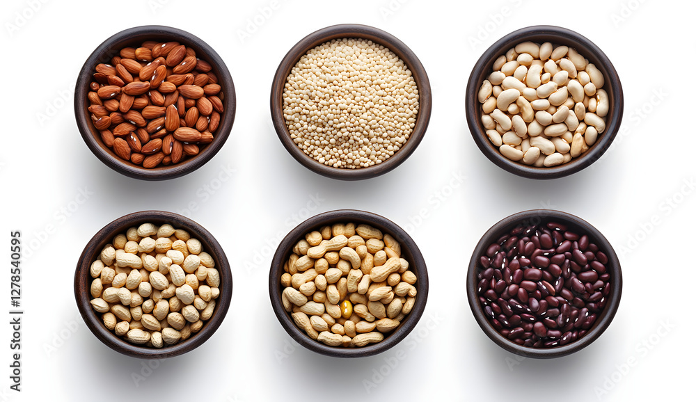 Assortment of Nuts and Beans in Wooden Bowls