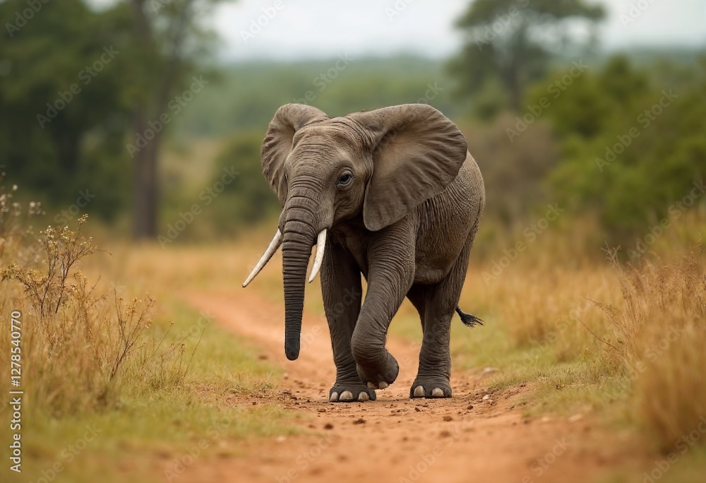 Obraz premium Majestic elephant walking along a dirt path in a grassland setting 