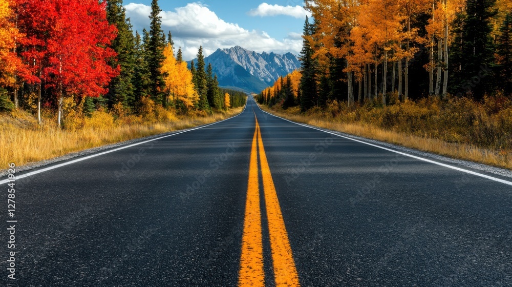 Fototapeta premium Peaceful fall road in Alberta, Canada, tranquil highway winding through colorful autumn trees, dreamy and nostalgic setting