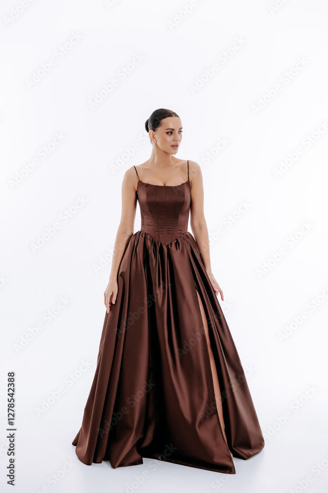 Tall brunette with hairstyle in dark brown luxurious fashionable dress with train isolated on white background Tall brunette with hairstyle in dark brown luxurious fashionable dress with train isolated on white background