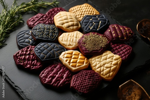 An exquisite selection of quilted cookies showcases elaborate patterns in deep colors like burgundy, navy, and gold, beautifully arranged on a dark plate for a refined dessert setting photo