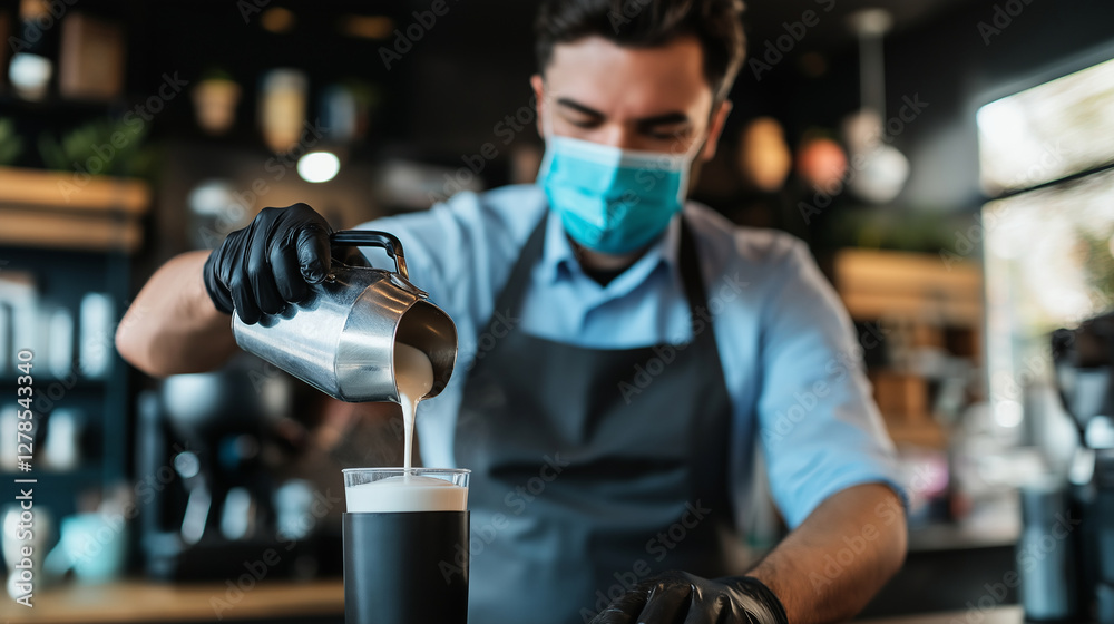 A close-up of a baristaâs hands pouring steamed milk into an espresso cup, with a blurred background of a man wearing a mask and apron behind the counter. A close-up of a baristaâs hands pouring steamed milk into an espresso cup, with a blurred background of a man wearing a mask and apron behind the counter.