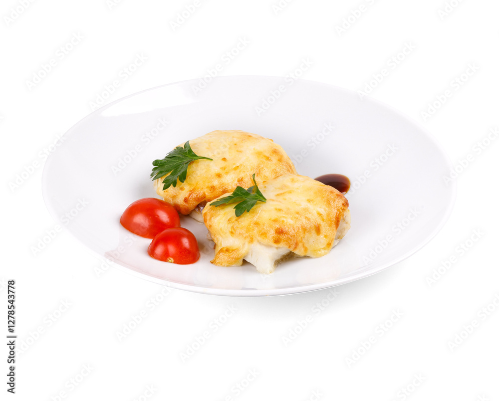 A white plate with cheese and tomatoes on a white background A white plate with cheese and tomatoes on a white background