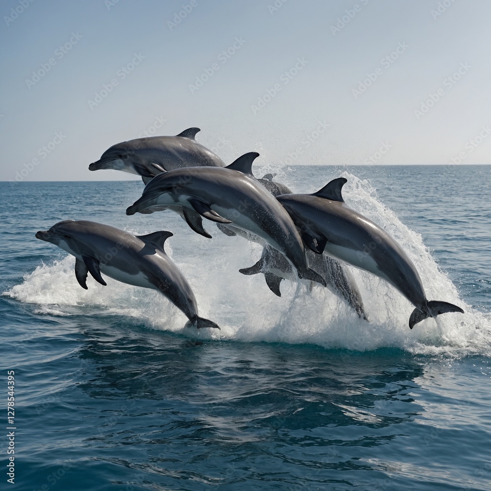 Fototapeta premium A pod of dolphins dancing across the ocean, their movements highlighted against the white backdrop.