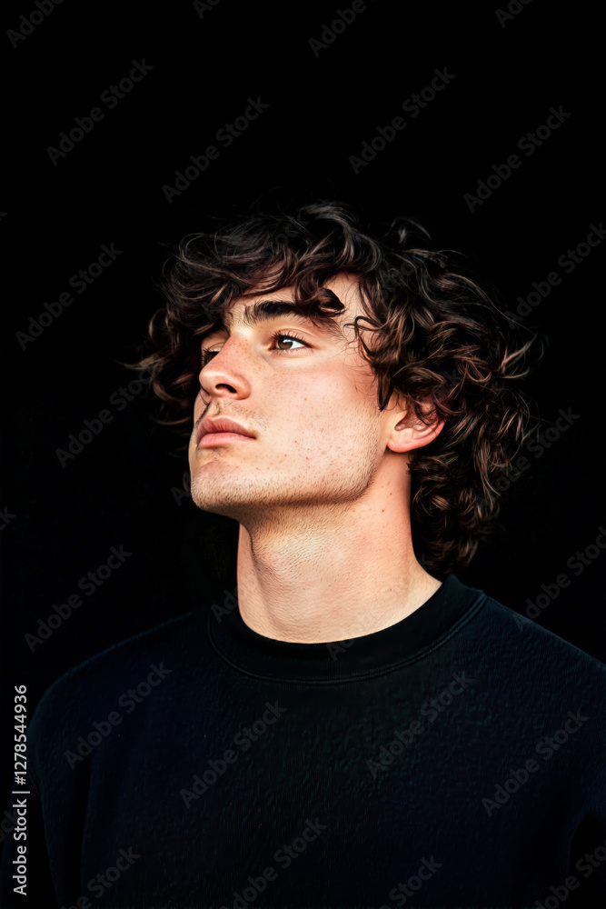 Fototapeta premium Dramatic portrait of a young man with curly hair wearing a black sweater, moody aesthetic 