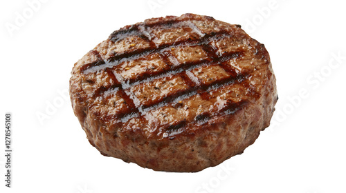 Juicy grilled burger patty displaying char-marked surface, floating against transparent background for seamless design integration