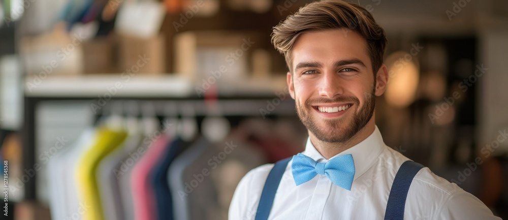 Fototapeta premium Stylish man in bow tie standing confidently in modern clothing store with vibrant outfits displayed behind him