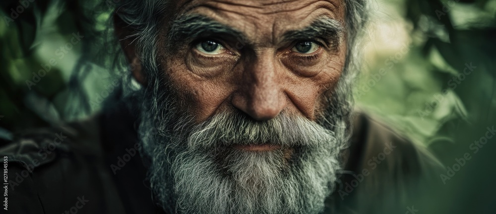 Elderly man with a long beard gazes intently amidst lush greenery in a serene outdoor setting Elderly man with a long beard gazes intently amidst lush greenery in a serene outdoor setting