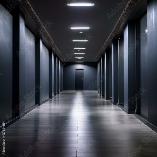 A minimalistic, empty hallway with dark charcoal-colored walls that have a subtle, matte finish