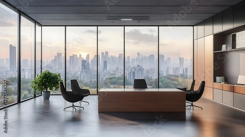 Modern office interior with contemporary furniture and large windows overlooking an urban landscape. 3D Rendering,

