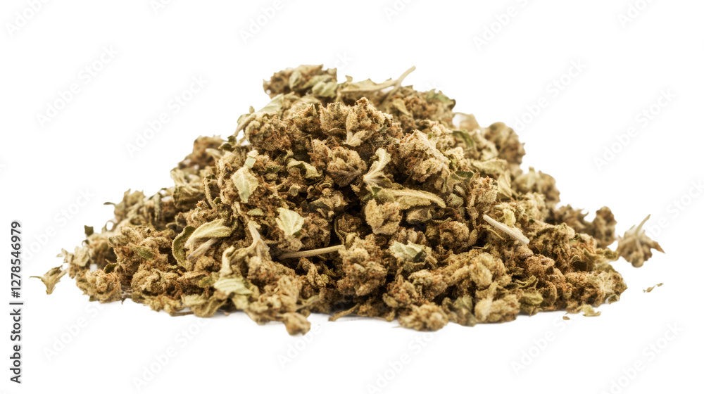 Dried cannabis nugs arranged in small pile, showcasing green-brown textured marijuana buds against clean transparent backdrop Dried cannabis nugs arranged in small pile, showcasing green-brown textured marijuana buds against clean transparent backdrop