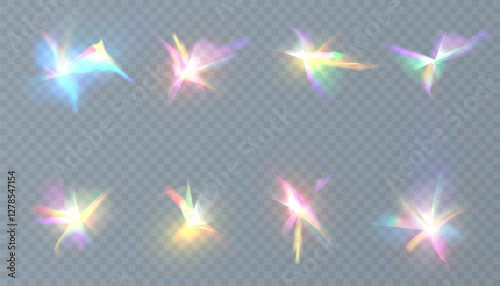 Rainbow light glow crystal bright highlights. Vector glow set distortion crystal highlights.