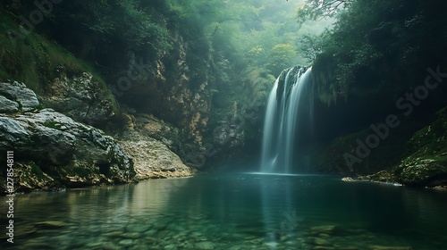 Wallpaper Mural Serene Waterfall in Lush Green Canyon Torontodigital.ca