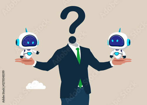 Tiny robots standing on giant hand. Employee conflict direction, argument between coworker, different thought, disagreement or opposite way. Flat vector illustration