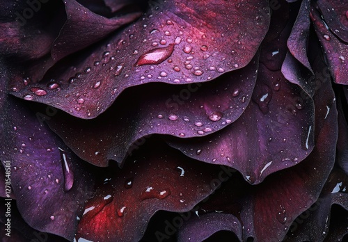 Close-up of dark purple rose petals with water droplets. Garden flower macro