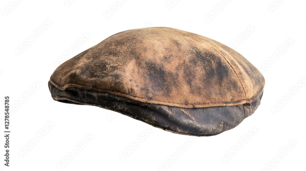 Old worn brown leather flat cap isolated on transparent background, perfect for compositing and photo editing Old worn brown leather flat cap isolated on transparent background, perfect for compositing and photo editing