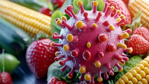 Pink virus model among vibrant red strawberries, yellow corn, and green leaves. Close up shot with detailed textures and high contrast