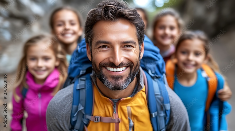 A smiling man with five children on a hiking trail is looking at the camera A smiling man with five children on a hiking trail is looking at the camera