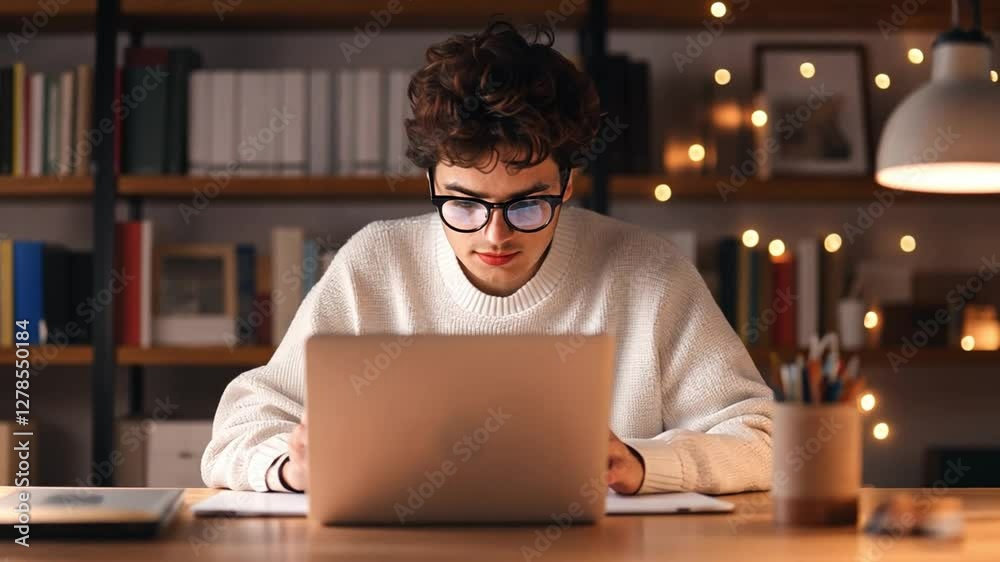 Focused Student at Desk: A focused young student, illuminated by the glow of his laptop screen, immerses himself in his studies at a wooden desk. Focused Student at Desk: A focused young student, illuminated by the glow of his laptop screen, immerses himself in his studies at a wooden desk.