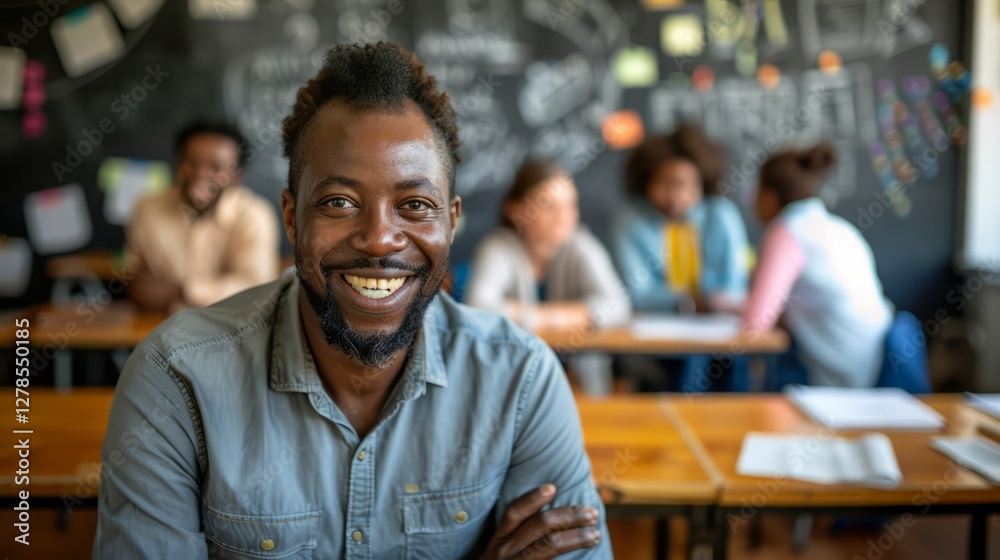 Close up portrait of teacher smiling sits in class against the backdrop of a blurred classroom with students. Back to school concept. Close up portrait of teacher smiling sits in class against the backdrop of a blurred classroom with students. Back to school concept.