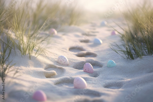 Colorful easter eggs scattered on sandy beach path in sunlit grass