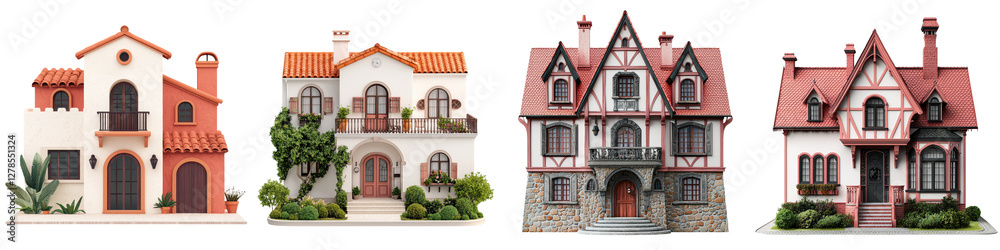 Fototapeta premium Collection of Various Historic and Contemporary Residential Architectural Styles and Exterior Designs Including Victorian Mediterranean Tudor and Spanish Influenced Houses Castles