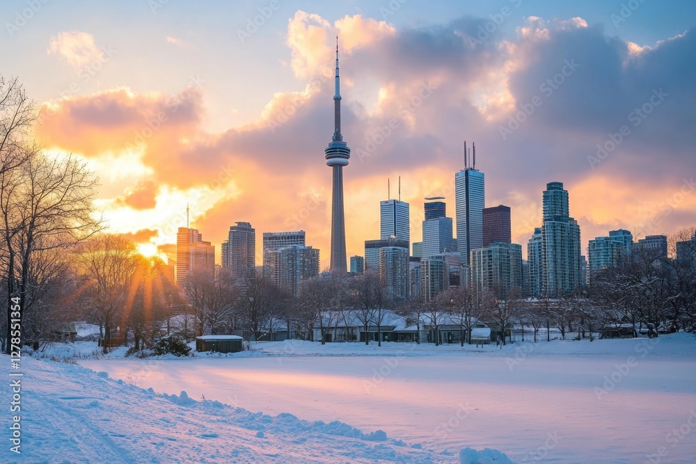 Fototapeta premium Snowy Field with Cityscape