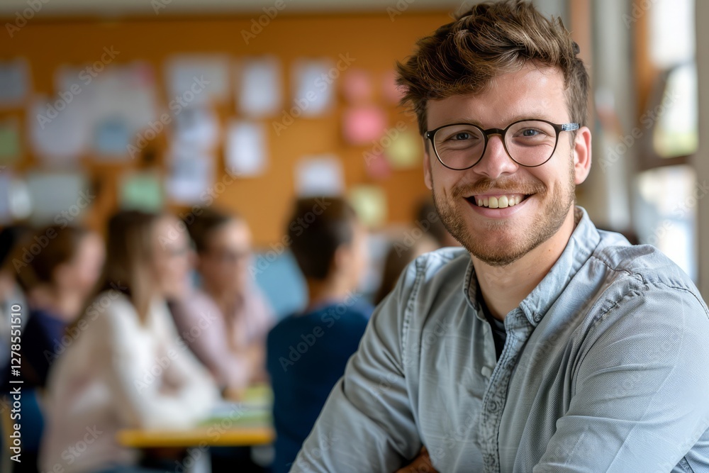 Close up portrait of teacher smiling sits in class against the backdrop of a blurred classroom with students. Back to school concept. Close up portrait of teacher smiling sits in class against the backdrop of a blurred classroom with students. Back to school concept.
