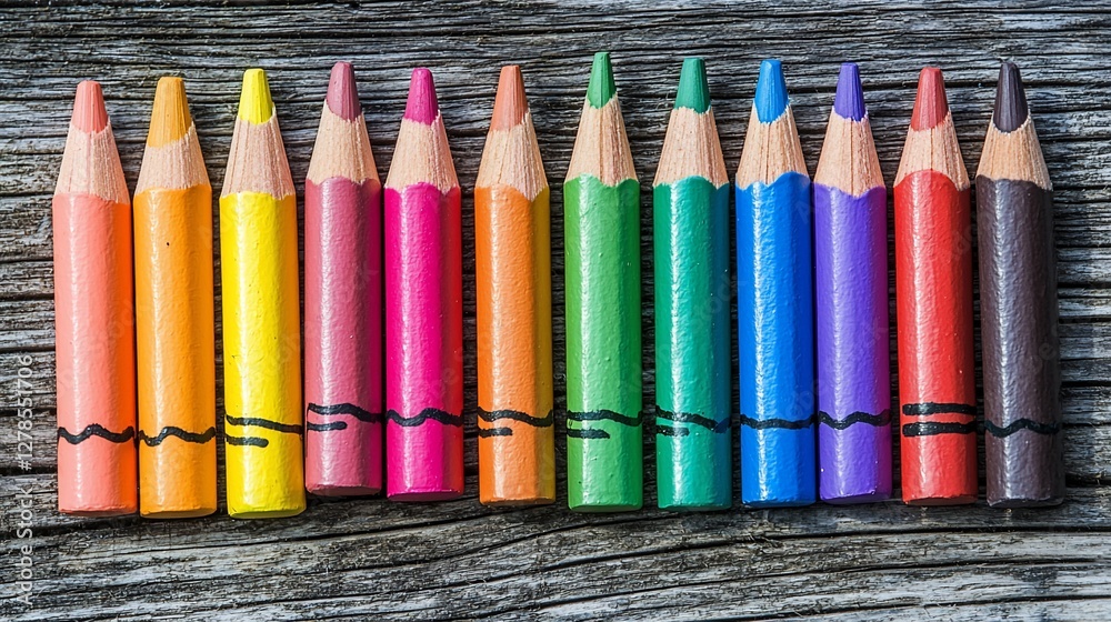 Naklejka premium Colorful pencils arranged on weathered wood.