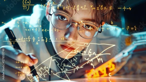 Wallpaper Mural The Mind of a Scientist: A young scientist, illuminated in a conceptual portrayal, passionately immerses himself in complex equations. Torontodigital.ca