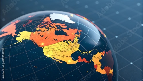 Global map, North America highlighted, glowing orange and red continent, digital earth visualization, network connections, geopolitical illustration, world map technology concept,