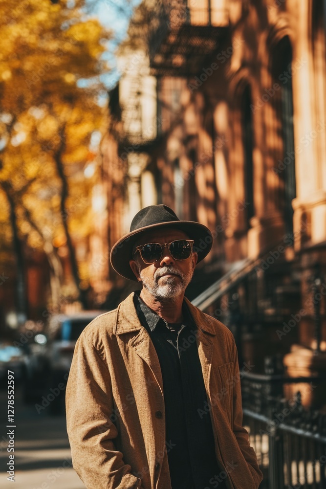 Man on sidewalk with hat and sunglasses Man on sidewalk with hat and sunglasses