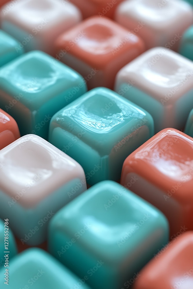 Pixelated cubes in teal, white, and coral creating a modern geometric background with a stylish backdrop. Pixelated cubes in teal, white, and coral creating a modern geometric background with a stylish backdrop.