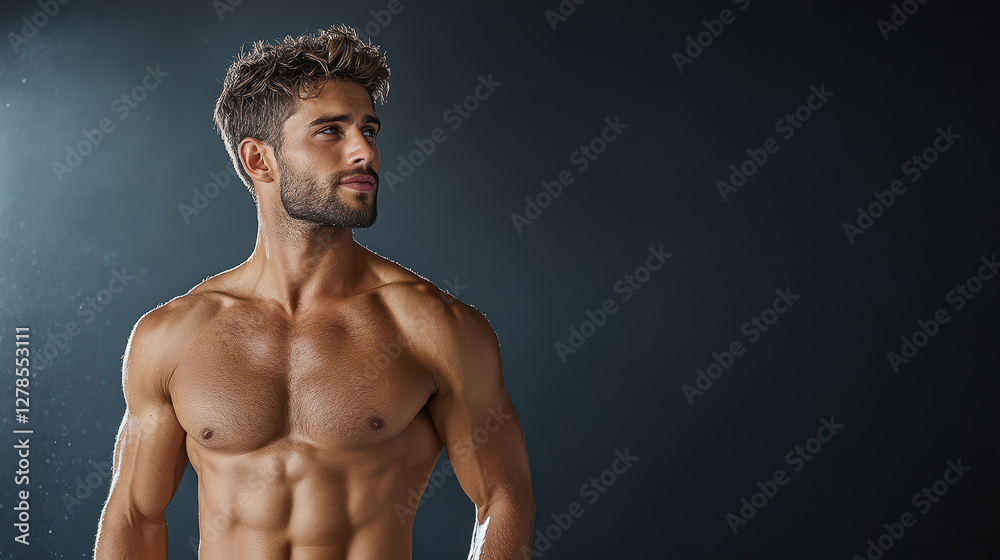 Fototapeta premium muscular man with well defined physique poses confidently against dark background