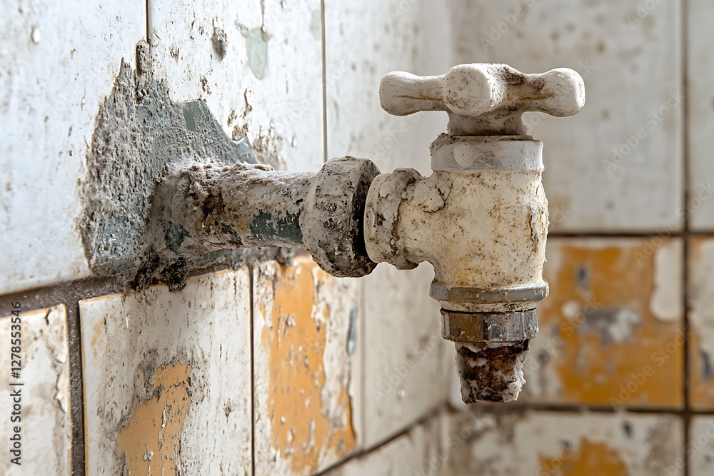 Rusty faucet on peeling tile wall in abandoned building
