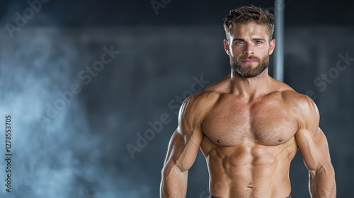 Intense athletic man with muscular physique posing confidently in gym