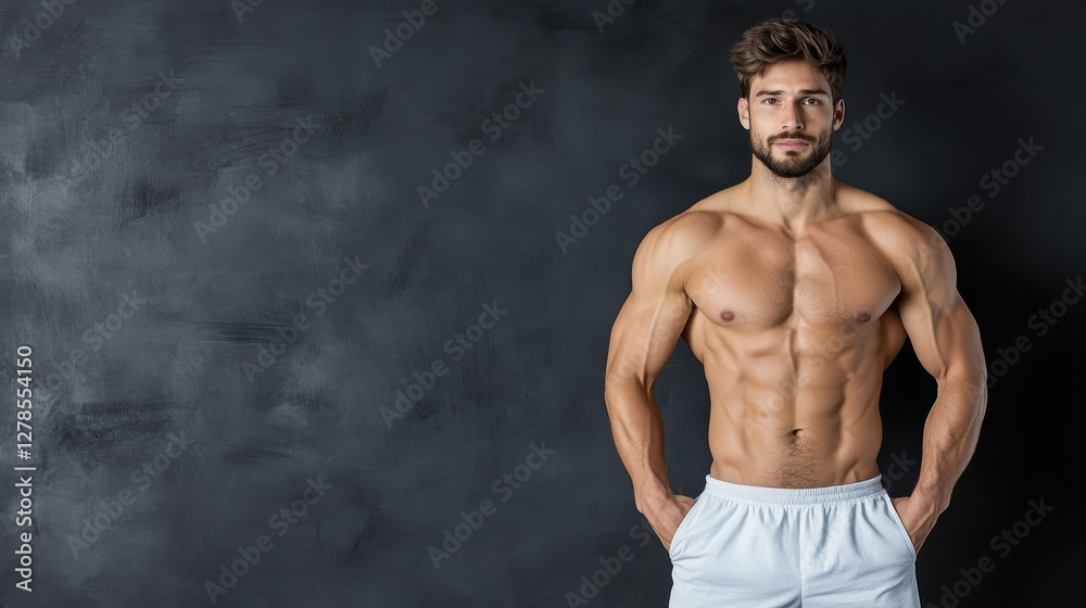 Fototapeta premium Muscular man posing confidently against dark background, showcasing strength and fitness