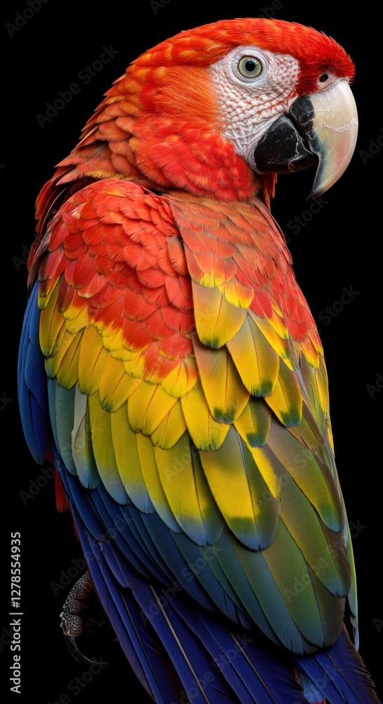 Obraz premium Scarlet Macaw Portrait with Vibrant Feathers on Black Background