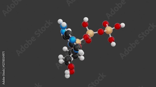 Adenosine Triphosphate molecular structure: 3D model of molecule. Chemical formula: C10H16N5O13P3. Seamless looping Video with an Alpha Channel. Gray background.