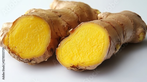Golden ginger slices reveal vibrant hues against a soft white backdrop and subtle gray tones, showcasing nature's intricate beauty in each detail photo