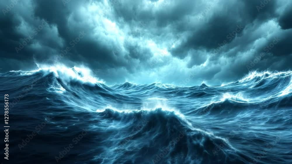 Dark stormy ocean waves under a dramatic sky. Deep blue and gray tones dominate the scene. Large, powerful waves crash and churn, creating a sense Dark stormy ocean waves under a dramatic sky. Deep blue and gray tones dominate the scene. Large, powerful waves crash and churn, creating a sense