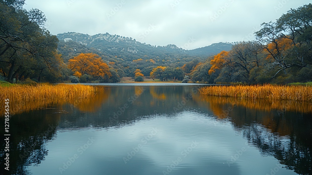 Autumn lake reflected in still water, mountains in background Autumn lake reflected in still water, mountains in background