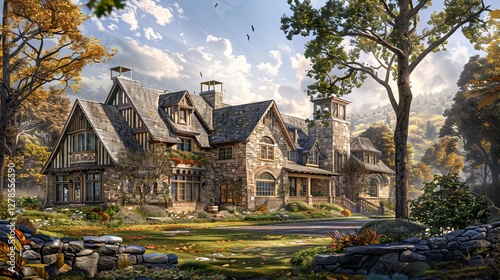 A stunning large mansion surrounded by autumn foliage and blue sky, exuding charm and elegance.