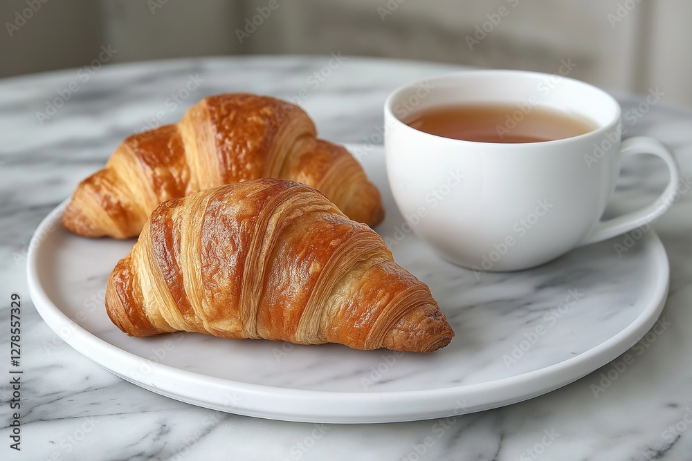Two golden, flaky croissants served on a white plate with a cup of hot tea, elegantly arranged on a marble table Two golden, flaky croissants served on a white plate with a cup of hot tea, elegantly arranged on a marble table