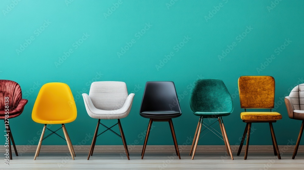 Obraz premium A beautifully lit 4K close-up of eclectic chairs in various styles and textures, lined up against a soft pastel wall, with a clean area reserved for banner text