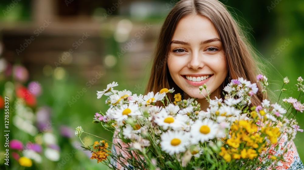 Smiling young woman holding fresh flowers outdoor garden portrait photography natural light joyful vibe Smiling young woman holding fresh flowers outdoor garden portrait photography natural light joyful vibe