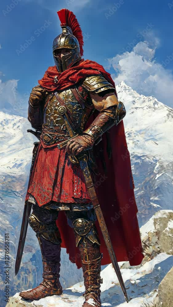 Warrior in intricate armor stands proud against a backdrop of snow-capped mountains during a bright day Warrior in intricate armor stands proud against a backdrop of snow-capped mountains during a bright day