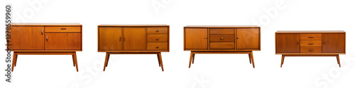 A collection of versatile and stylish vintage wooden furniture pieces with a retro mid century modern design aesthetic perfect for enhancing the decor of any modern home bedroom or office space photo