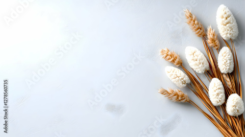 Dried flowers bouquet on marble, autumnal design, copy space, blog header
