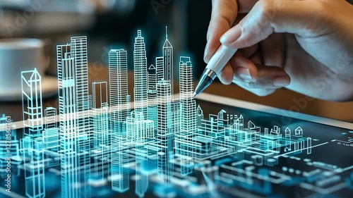 A hand sketches a modern cityscape on a tablet, showcasing digital design and architecture concepts. The focus is on innovative structures and urban planning.